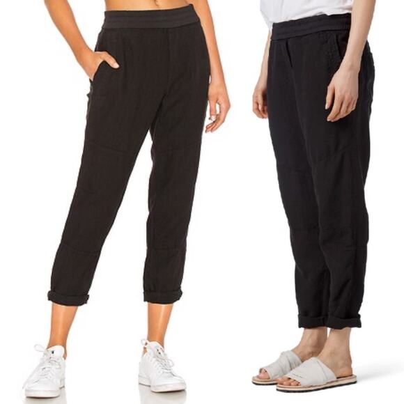 Standard James Perse Patched Pull on Linen Pants Ankle Cropped Black Womens 0 - Picture 2 of 9